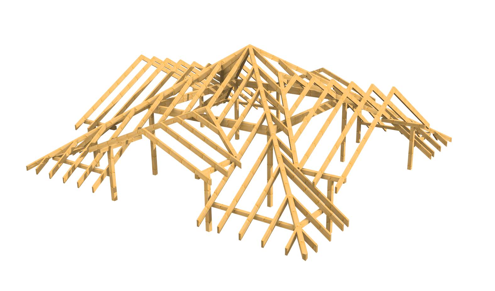 Wizualizacja 3D drewnianej konstrukcji więźby dachowej z elementami obróbki CNC, widok z góry na białym tle.